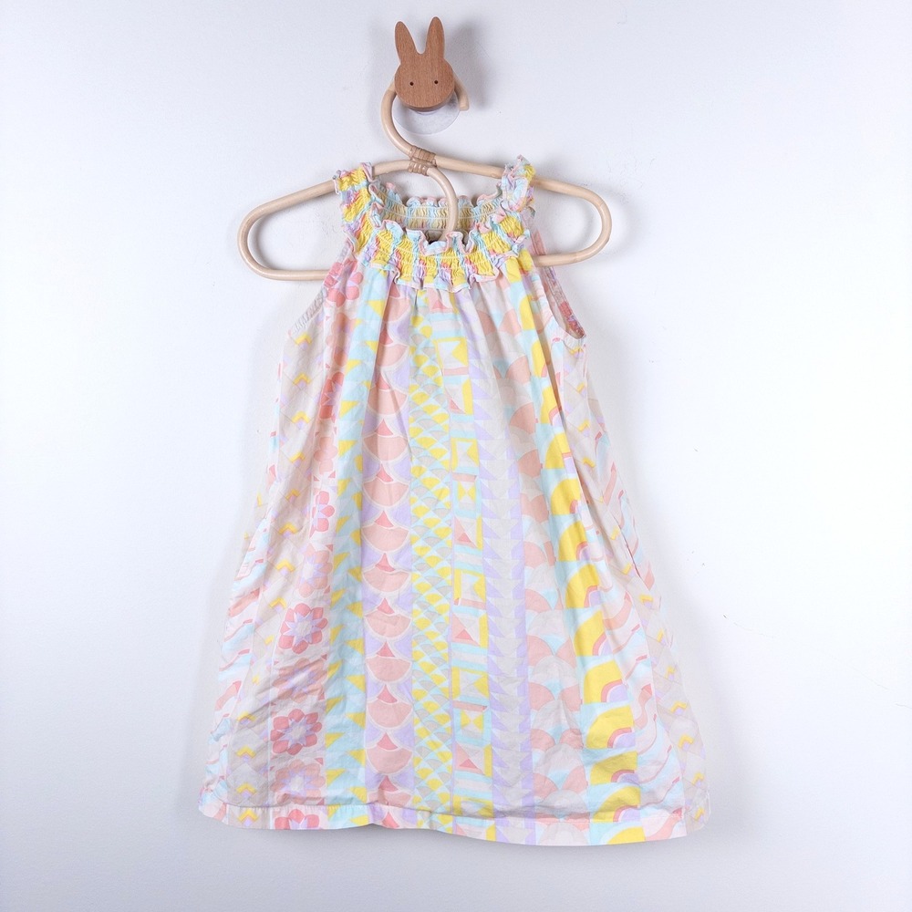 Tea Collection Geometric Poplin Dress Kids Size‎ 5 Pastel Smocked Ruffle Neck